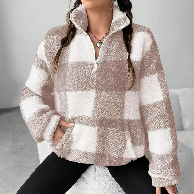 Women's Plaid Quarter Zip Pullover, Stand Collar Fleece Sweatshirt with Pockets, Long Sleeve Plai... | Walmart (US)