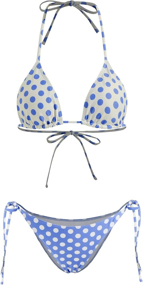 CIDER Swimsuit Bikinis for Women Halter Polka Dot Bikini Set Tie Side V Neck Low Waist Swimwear B... | Amazon (US)