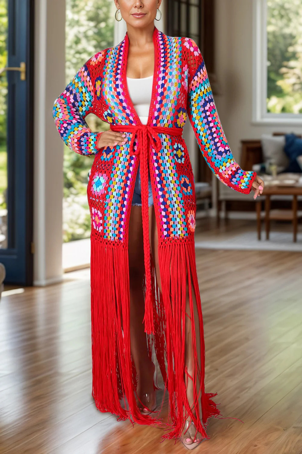 Fringe Tied Long Sleeve Cardigan Deep Red / L | Casual Chic Boutique