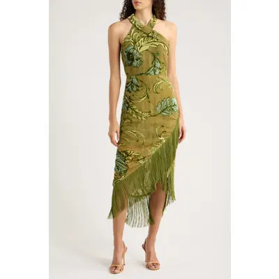 CIEBON Nella Asymmetric Fringe Midi Dress in Green Multi at Nordstrom, Size X-Large | Nordstrom