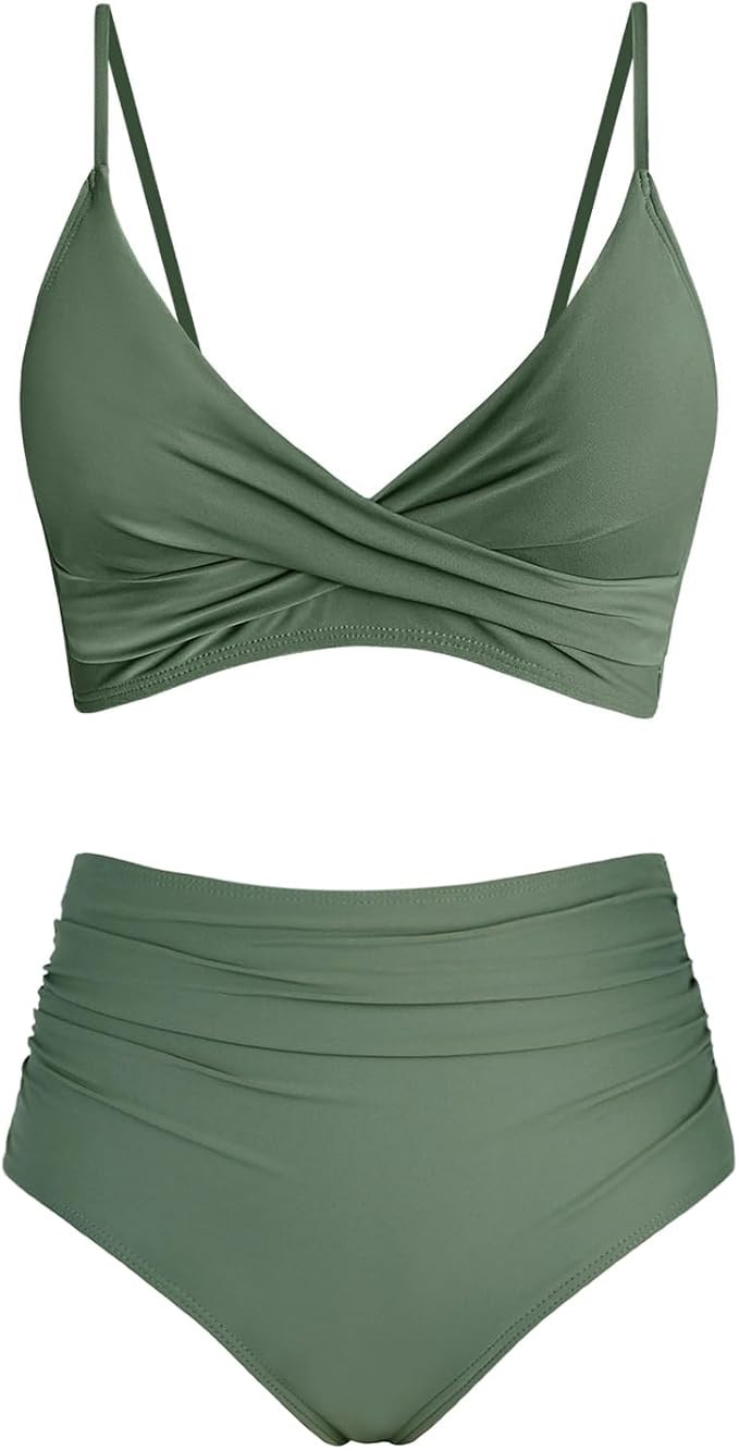Women's High Waisted Bikini Sets Push Up Twist Front Spaghetti Straps Ruched Two Piece Swimsuit B... | Amazon (US)