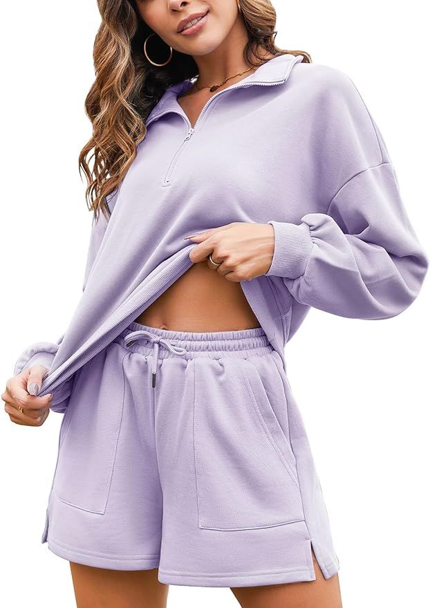 Flygo Women's Cotton 2 Piece Outfits Sweatsuit Lounge Sets Casual Half Zip Crop Top and High Wais... | Amazon (US)