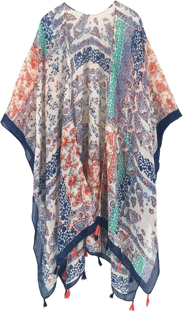 Moss Rose Women's Beach Cover up Swimsuit Kimono Cardigan with Bohemian Floral Print | Amazon (US)
