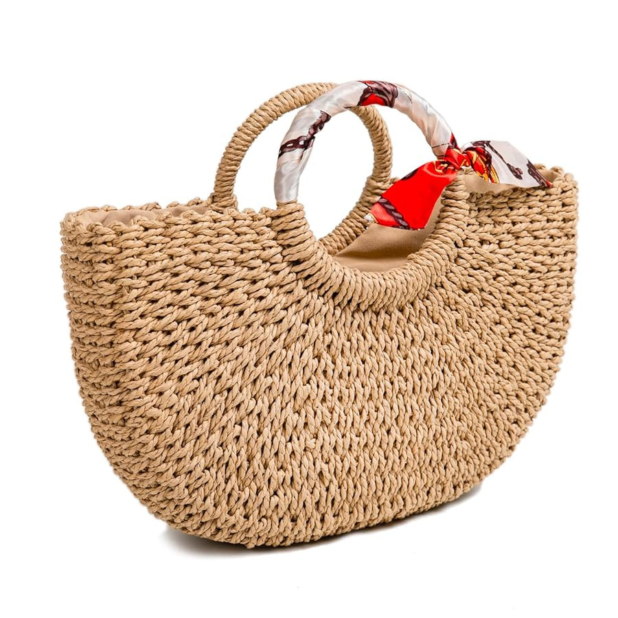 FARVALUE Summer Women‘s Beach Straw Bag Handwoven Straw Tote Casual Handbag with Silk Ribbon | Amazon (US)