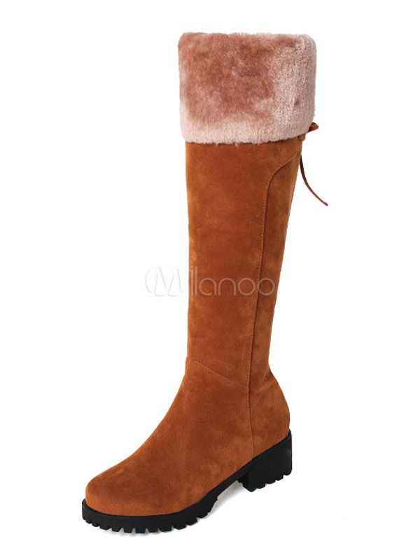 Women Knee High Boots Brown Suede Boots Round Toe Slip On Boots Winter Boots | Milanoo