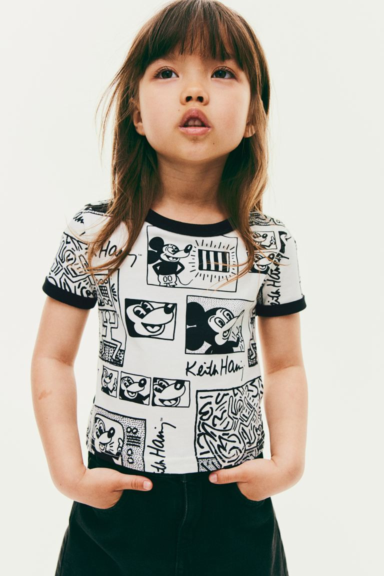 Printed Cotton T-shirt - Round Neck - Short sleeve - White/patterned - Kids | H&M US | H&M (US + CA)