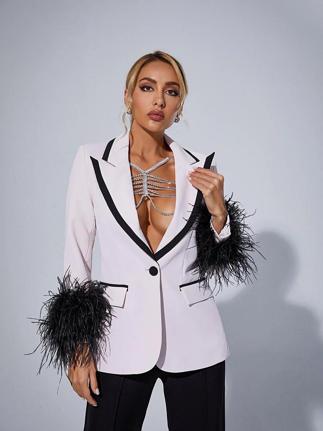 Cream Blazer With Black Trim and Feather Cuffs - Etsy | Etsy (US)