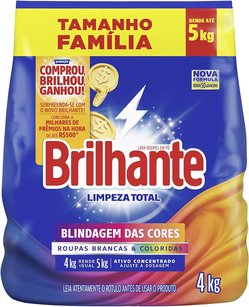 Brilhante Lava-Roupas em Pó Roupas Brancas e Coloridas Limpeza Total Pacote Tamanho Família 4 k... | Amazon (BR)