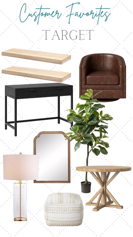 Target finds 
Home decor 
Furniture 
Brown leather chair 
Round table 
Pouf ottoman 
Wall mirror 
Table lamp 
Desk 
Floating shelves 
Fiddle leaf tree 

#LTKFind #LTKstyletip #LTKhome