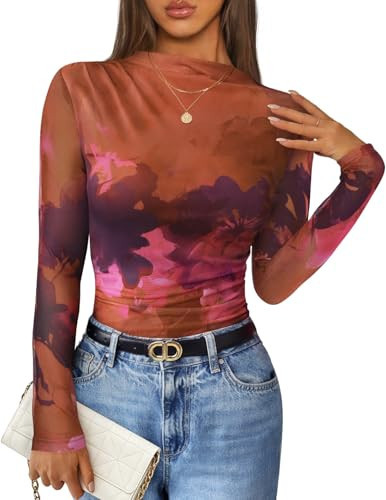 ZESICA Floral Long Sleeve Tops for Women Spring Mesh Mock Neck Ruched Fitted Shirts Going Out Blouses Trendy Clothes Purple X-Large | Amazon (US)