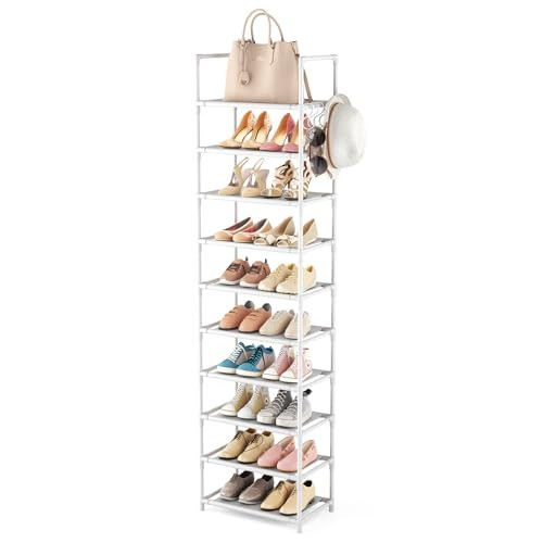 LANTEFUL 10 Tiers Tall Shoe Rack 20-25 Pairs Boots Organizer Storage Sturdy Narrow Shoe Shelf for Entryway, Closets with Hooks, White | Amazon (US)