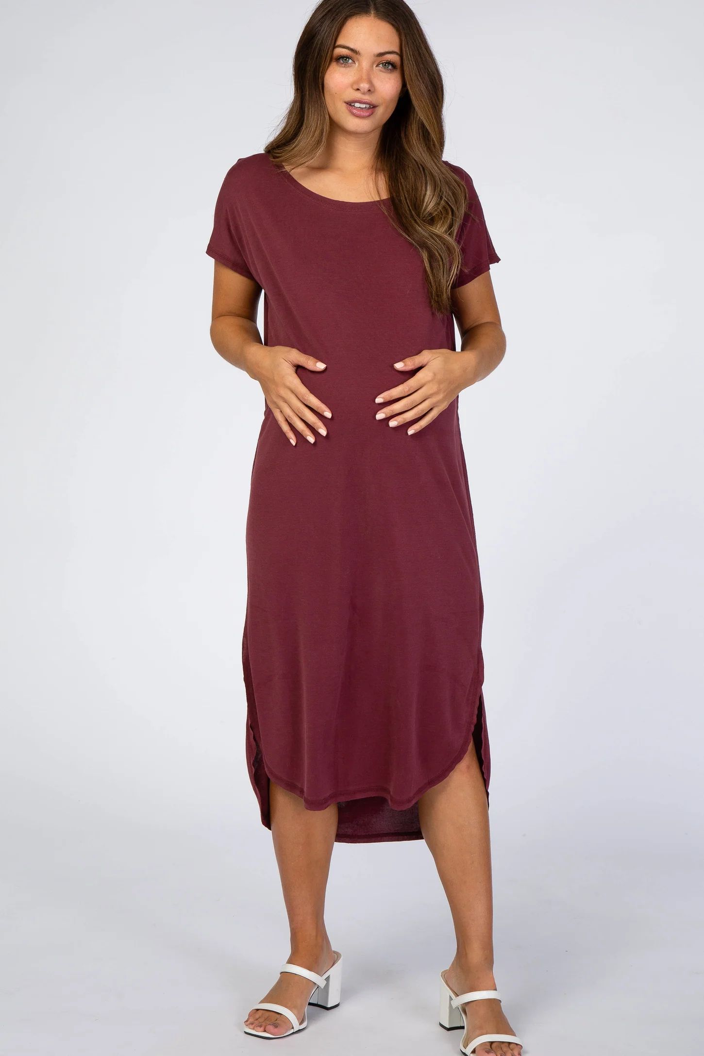 Burgundy Raw Hem Short Sleeve Maternity Midi Dress | PinkBlush Maternity