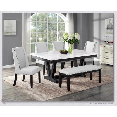 6pc Dining Set with White Genuine Marble Table, Dove Gray Upholstered Chairs, and Nailhead Tufted Bench in Black Finish | Wayfair North America