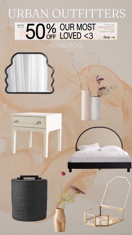 Shop my Urban outfitters sale home finds here 💕 all linked below for you ✨ #sale #urbanoutfitters #homedecor #rattanbed #wavymirror #nightstand #decorvases #rattanhamper #jewelryholder