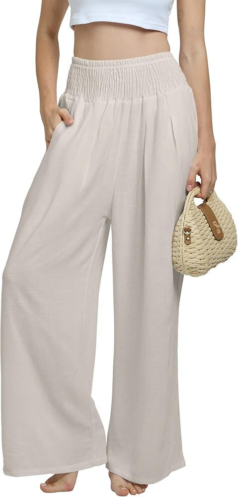 Joob Joob Women\u2019s Linen Pants \u2013 Wide Leg, Smocked High Waist, Lightweight Summer Beach ... | Amazon (US)