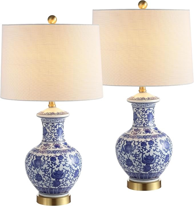 JONATHAN Y 25.25" Blue/White Ceramic Ginger Jar Table Lamp Set of 2, Traditional Brass Gold Base ... | Amazon (US)