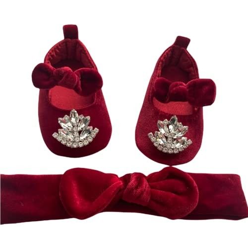 Red pearls velvet baby shoes and headband set, Burgundy princess bow shoes, Ballerina velvet Christm | Amazon (US)