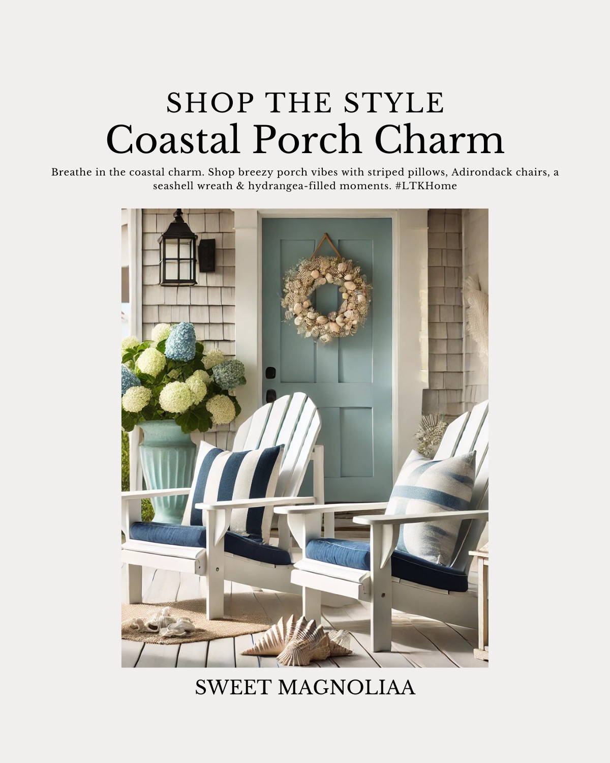 Breathe in the coastal charm. Shop breezy porch vibes with striped pillows, Adirondack chairs, a seashell wreath & hydrangea-filled moments 

 #LTKHome