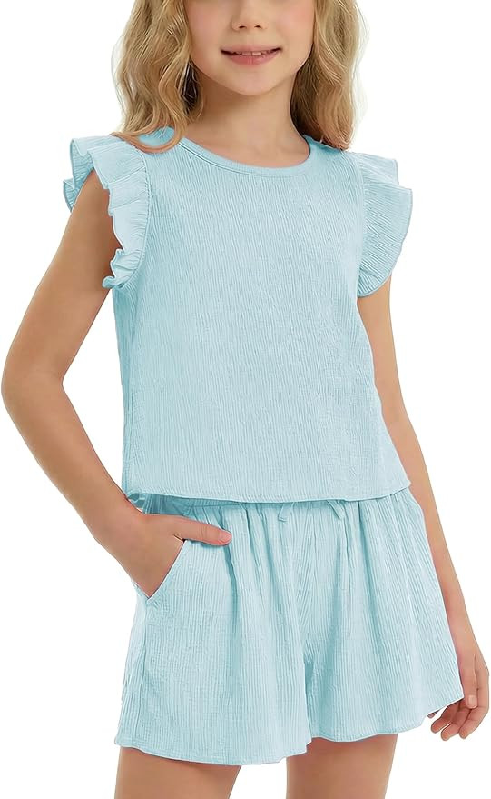 Stelle Girls 2 Piece Outfits Cute Ruffle Tank Tops and Elastic Waist Shorts with Pockets Summer S... | Amazon (US)