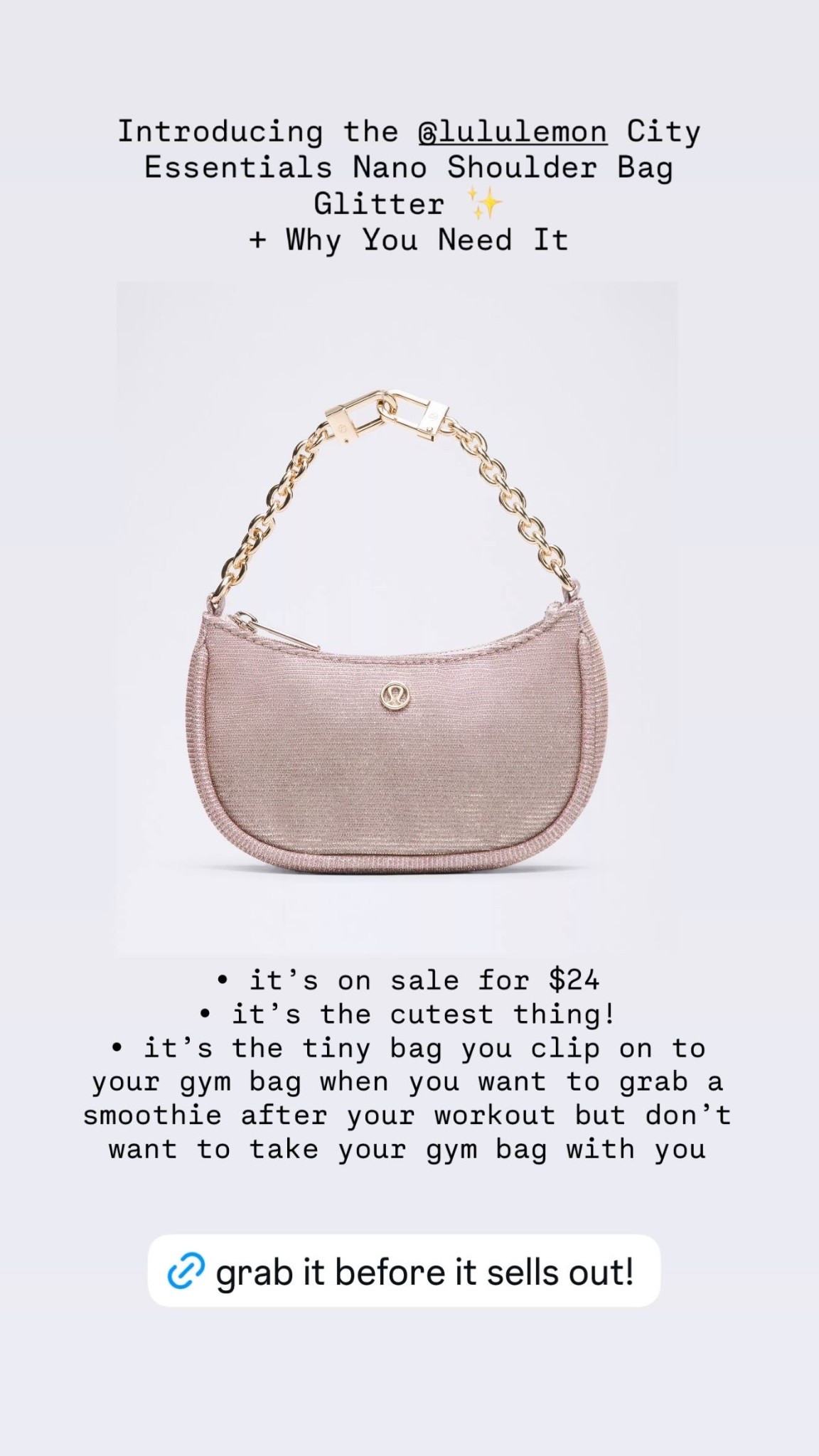 The bag of 2026. 

Lululemon’s City Essentials Nano Shoulder Bag in Glitter

It’s the bag you need post workouts. 

It’s on sale. 



#LTKfitnessgoals #LTKTravel #LTKmomlife