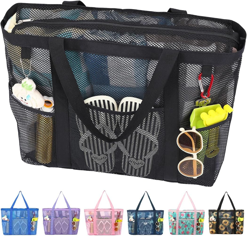 Fammart Mesh Beach Bag with Zipper for Women, Large Beach Tote Sandproof Toys Pool Swim Bag Trave... | Amazon (US)