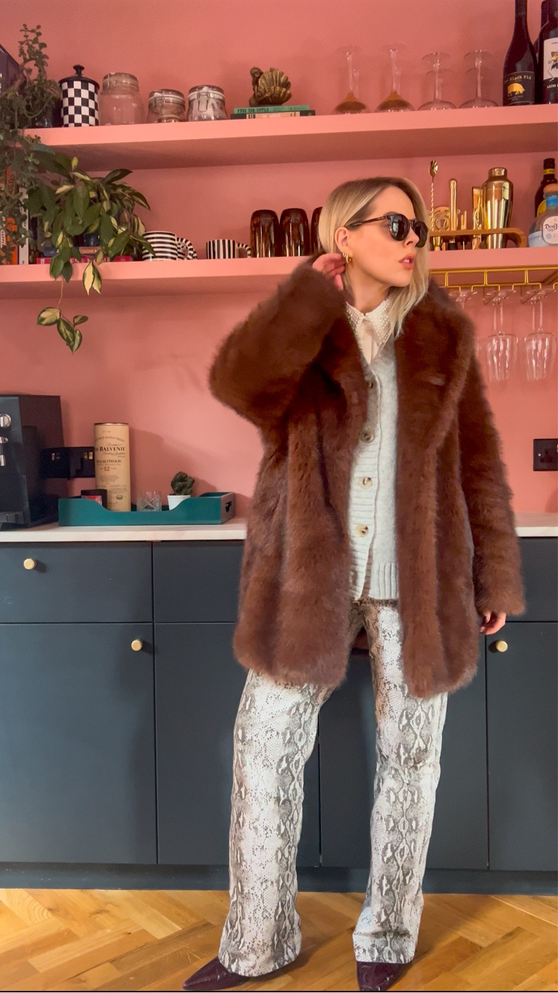 Winter layering with statement snake print jeans and a pearl collar shirt. 

#LTKuk #LTKwinter #LTKautumn