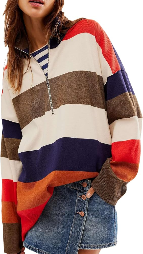 Womens Striped Sweatshirt Half Zip Pullover Sweater Fall Fashion V Neck Oversized Sweatershirts | Amazon (US)