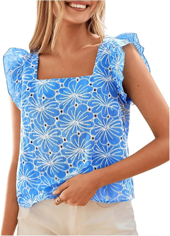 MakeMeChic Women's Boho Flutter Sleeve Blouse Square Neck Ruffle Floral Print Hollow Out Lightwei... | Amazon (US)