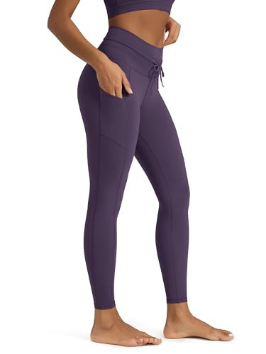 ODODOS Women's Drawstring Tie Daily Pocket Leggings 25" Inseam 7/8 Length High Waist Workout Yoga Pants, Dark Purple, Large | Amazon (US)