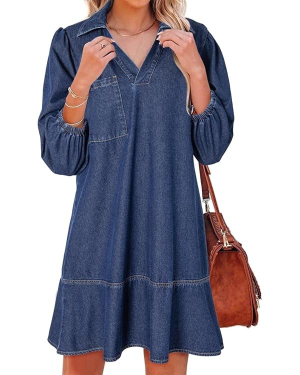 Dokotoo Denim Dress for Women Fall 3/4 Puff Sleeve Babydoll Jean Dress | Amazon (US)