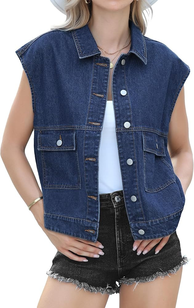 luvamia Denim for Women Oversized Button Down Sleeveless Jean Jacket Fashion Casual Western Outer... | Amazon (US)