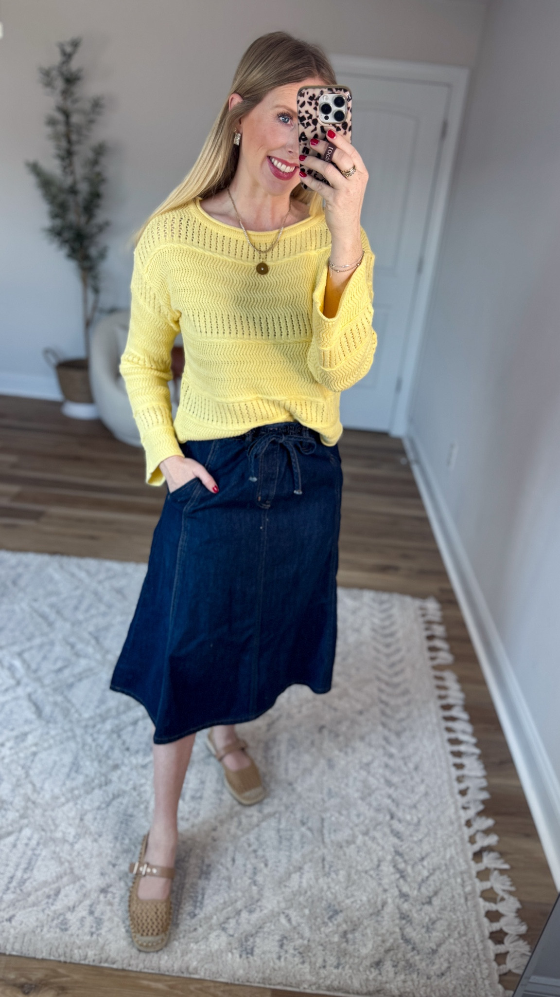 Weekend Walmart Wins try-on
Yellow open knit sweater- medium 
Denim midi skirt- smalll

#LTKdayinmylife #LTKootd