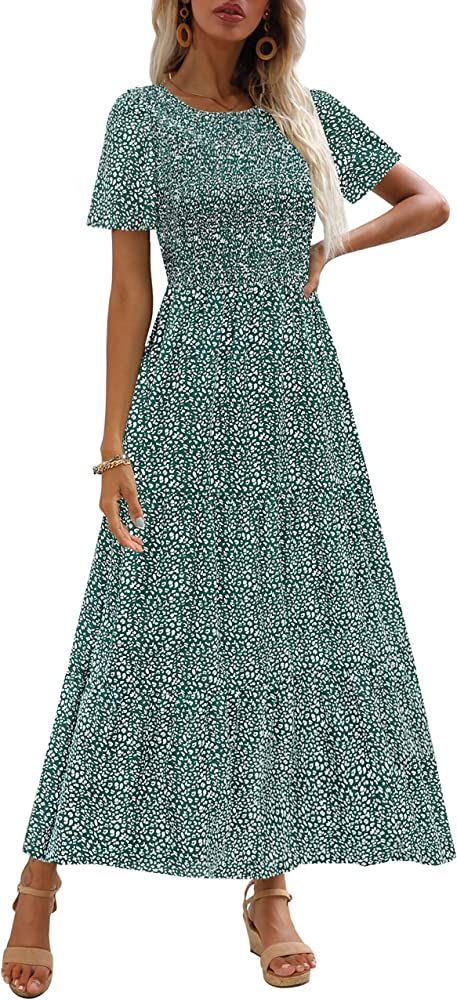 Women 2023 Summer Floral Long Dress Short Sleeve Crewneck Casual Boho Flowy Smocked Tiered Maxi D... | Amazon (US)