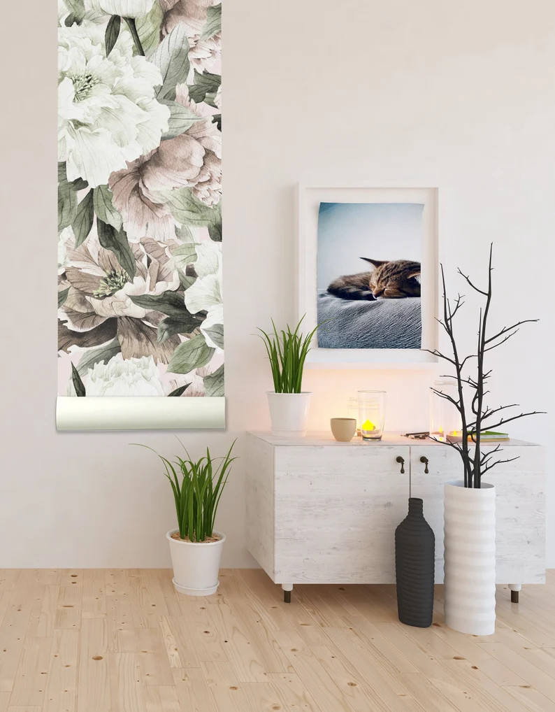 Blush Spring Peonies Removable Wallpaper-Peel and Stick Wallpaper-Wall Mural- Self Adhesive Wallp... | Etsy (US)