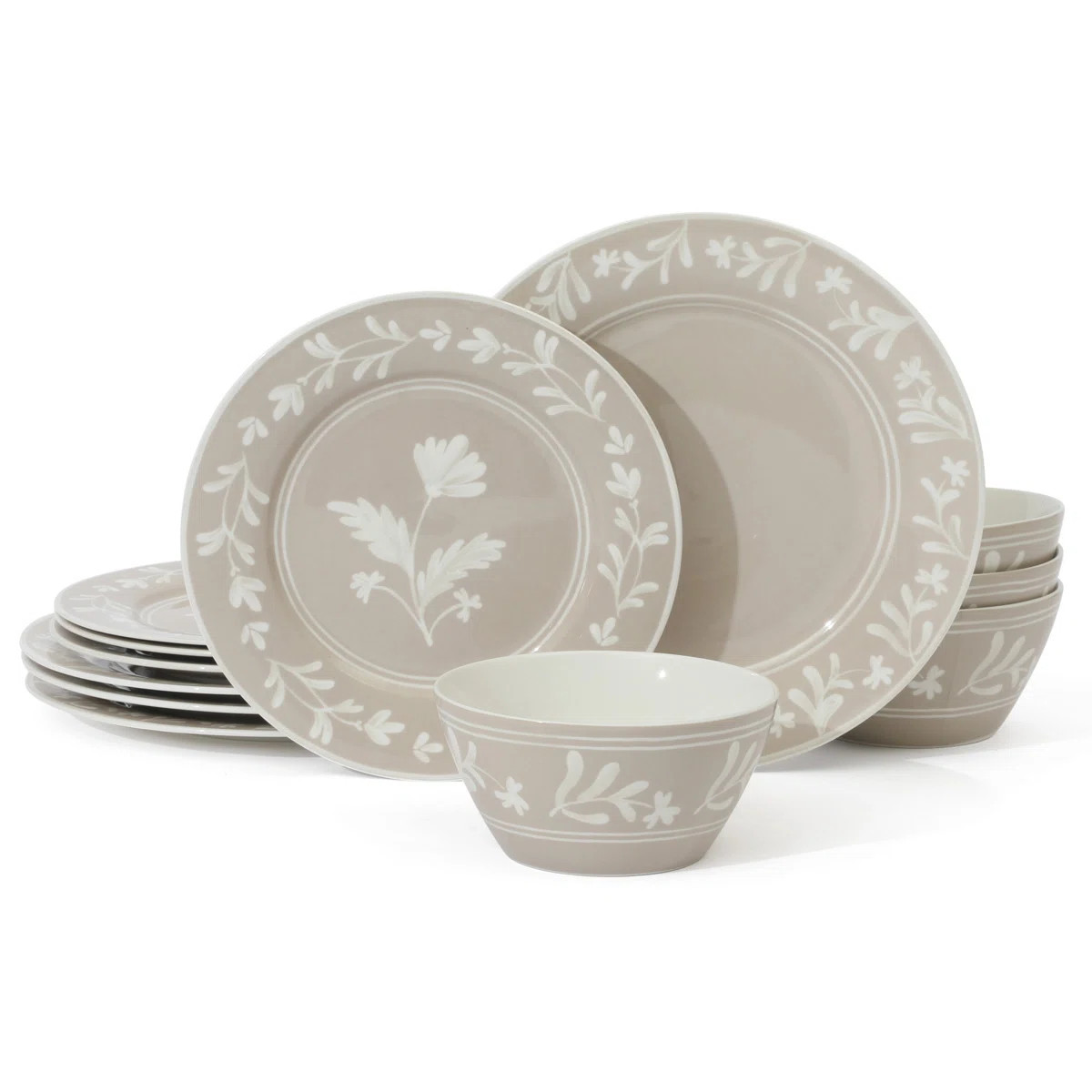Martha Stewart Maiden Crown 12-Piece Taupe Dinnerware Set – Vegan Bone China Ceramic Plates & B... | Wayfair North America
