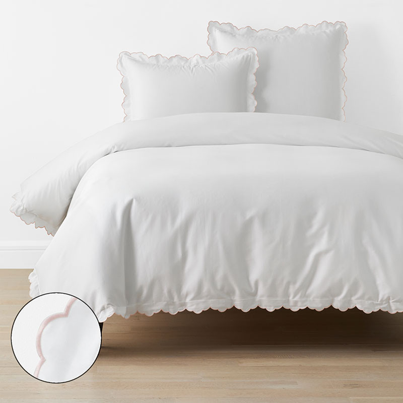 Embroidered Scallop Classic Smooth Sateen Solid Duvet Cover - Blush, Full/Queen | The Company Store
