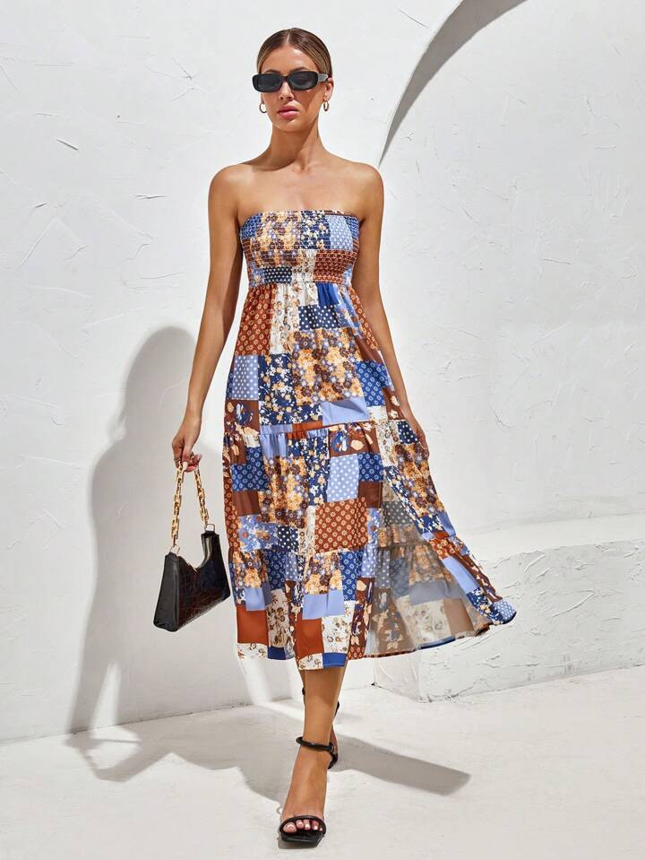 SHEIN VCAY Patchwork Print Split Thigh Tube Dress | SHEIN