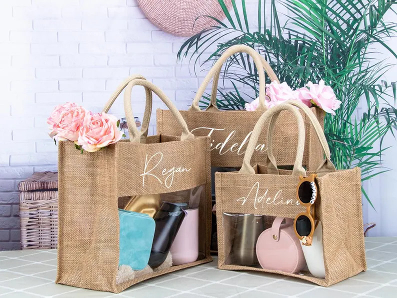 Personalised Bridesmaid Tote Bags With Clear Window, Burlap Tote With Name, Beach Bag Gift, Weddi... | Etsy (US)