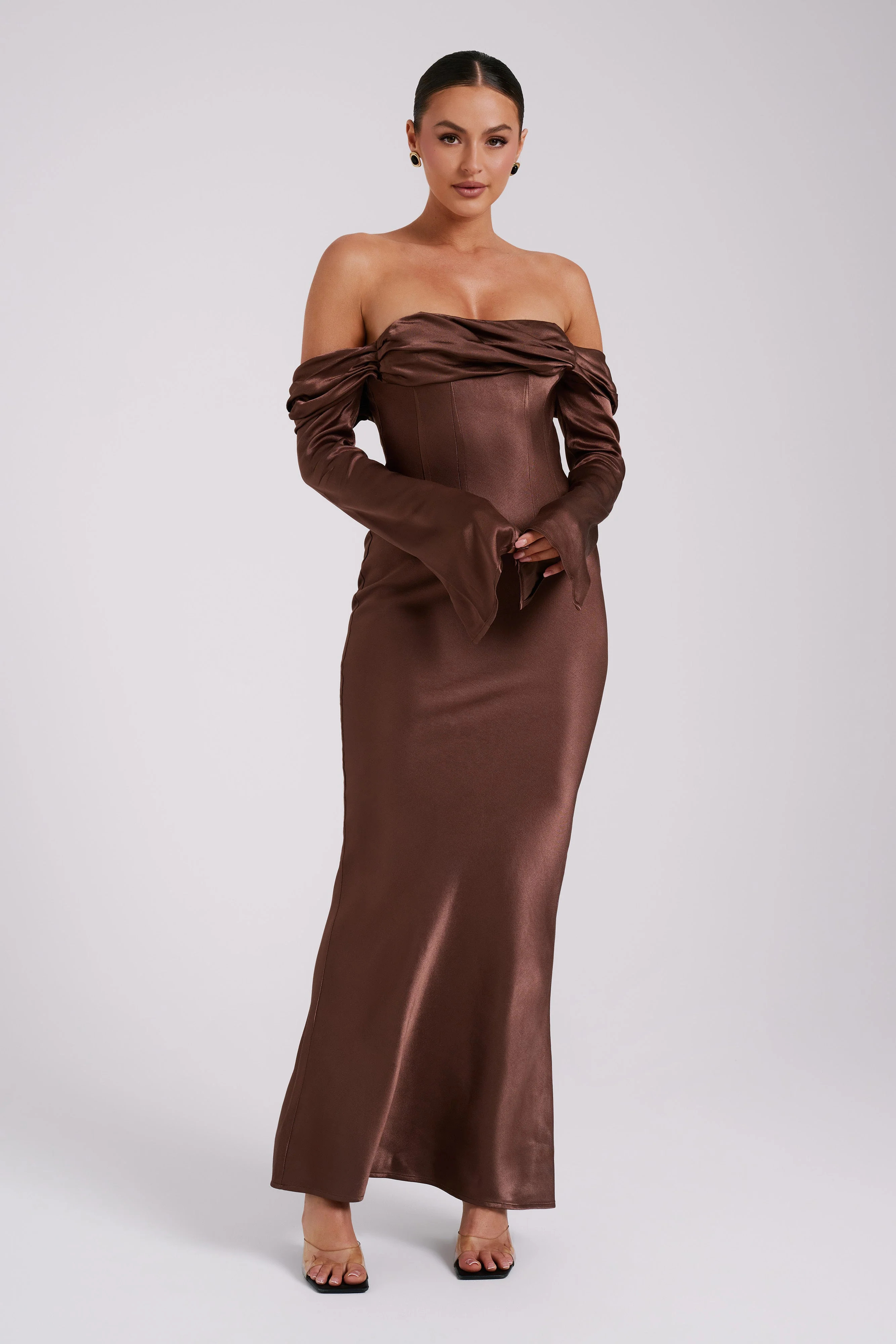 Giselle Off Shoulder Cowl Neck Maxi Dress - Mocha | MESHKI US