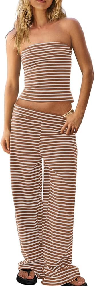 Womens Striped Tube Top Low Waist Wide Leg Pants Set Summer Beach Fashion Trendy Two Piece Y2K Ou... | Amazon (US)