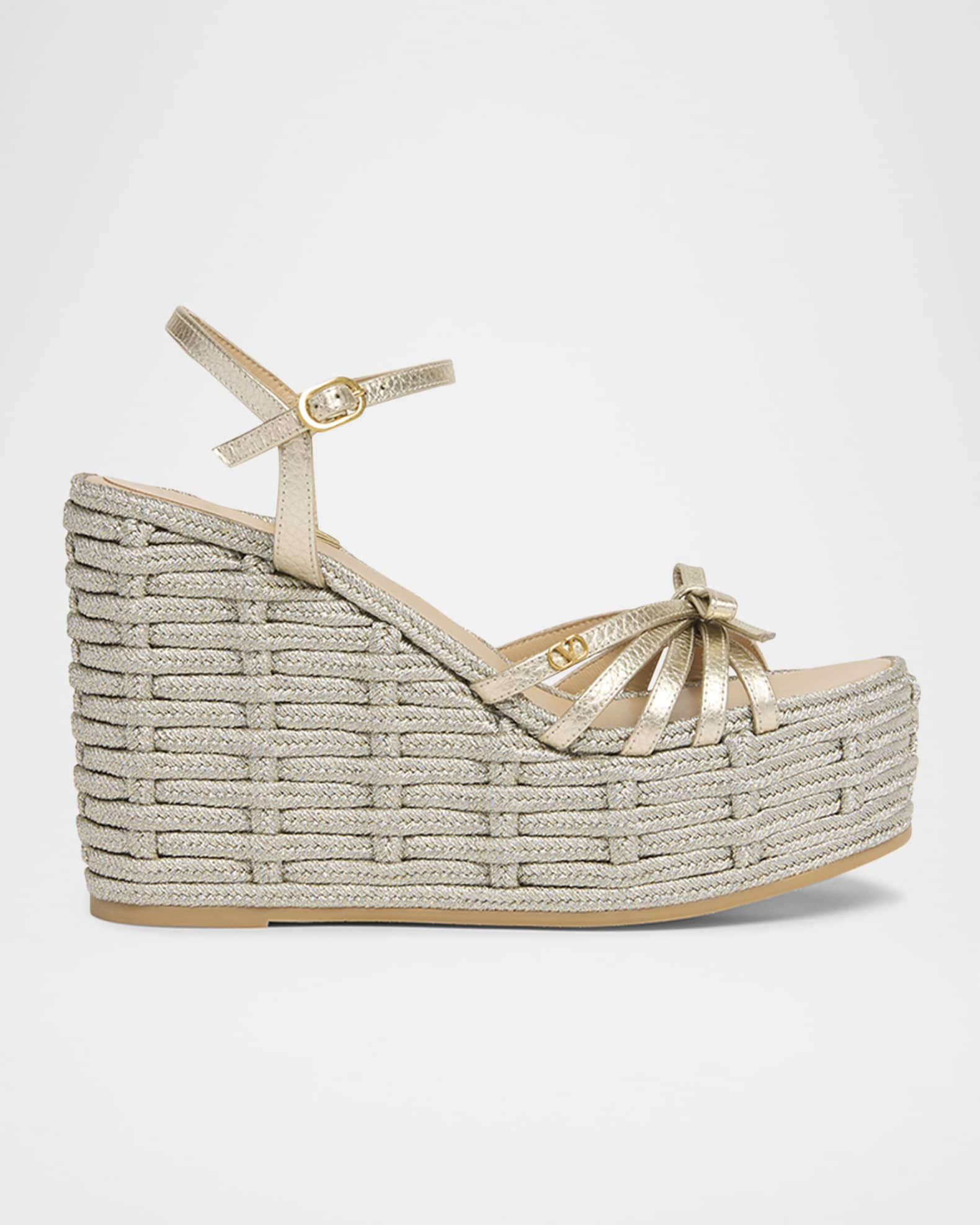 Metallic Bow Ankle-Strap Wedge Espadrilles | Neiman Marcus