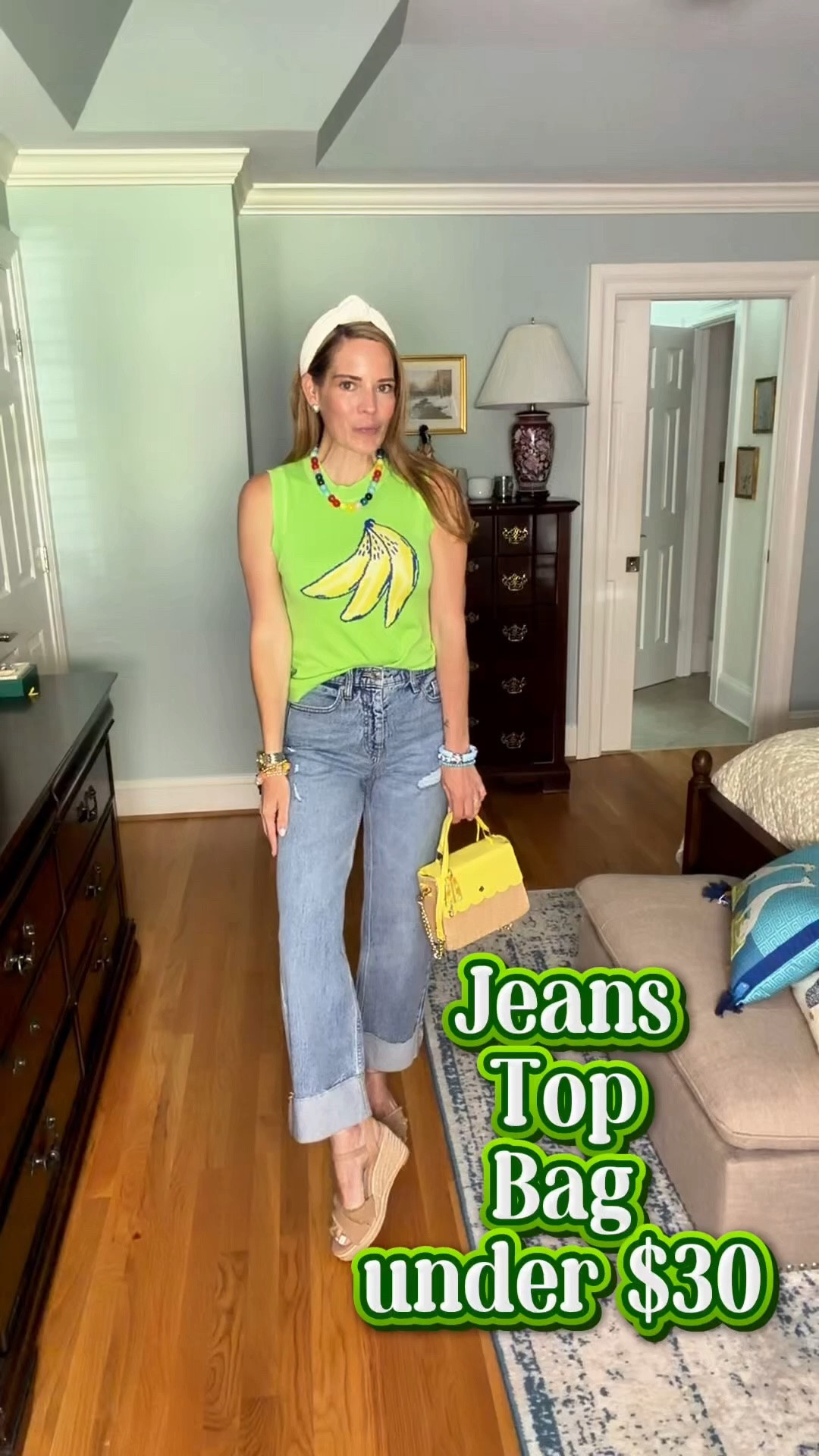 Playful Banana Sweater Tank 🍌💚✨

This banana knit tank is such a fun statement piece for summer! The vibrant green color paired with the whimsical banana design instantly brightens up any outfit. I styled it with cuffed wide-leg jeans, colorful beaded jewelry, a sunny yellow handbag, and neutral wedge sandals for a cheerful look that’s full of personality. ☀️🌈

I love how this outfit feels playful yet polished. The bright colors and fun accessories make it perfect for vacation, brunch with friends, summer events, or anytime you want to add a little extra joy to your day. The relaxed denim balances the bold top perfectly for an easy, effortless look.

If you’re looking for a conversation-starting outfit that feels both trendy and timeless, this one is such a fun combination! 💛🍌

Colorful summer outfit, banana sweater tank, statement knit top, cuffed wide-leg jeans, playful fashion, colorful accessories, vacation style, resort wear outfit, bright summer fashion, preppy summer style, fun statement pieces, cheerful outfit inspiration, women over 40 fashion. 🌈💚🍌✨💛

#LTKOver40 #LTKPetite #LTKootd