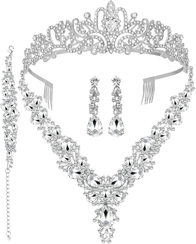 Bridal Austrian Crystal Jewelry Set for Women Girls, Rhinestone Crystal Statement Necklace Tiara ... | Amazon (US)
