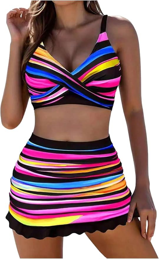 SOLY HUX Women's 3 Piece Swimsuit Colorful Striped Twist Front Bikini Set Bathing Suit with Cover... | Amazon (US)