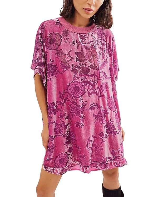 Women's Vintage Velvet Dress Round Neck Short Sleeve Floral Printed Mini Flowy Dress | Amazon (US)