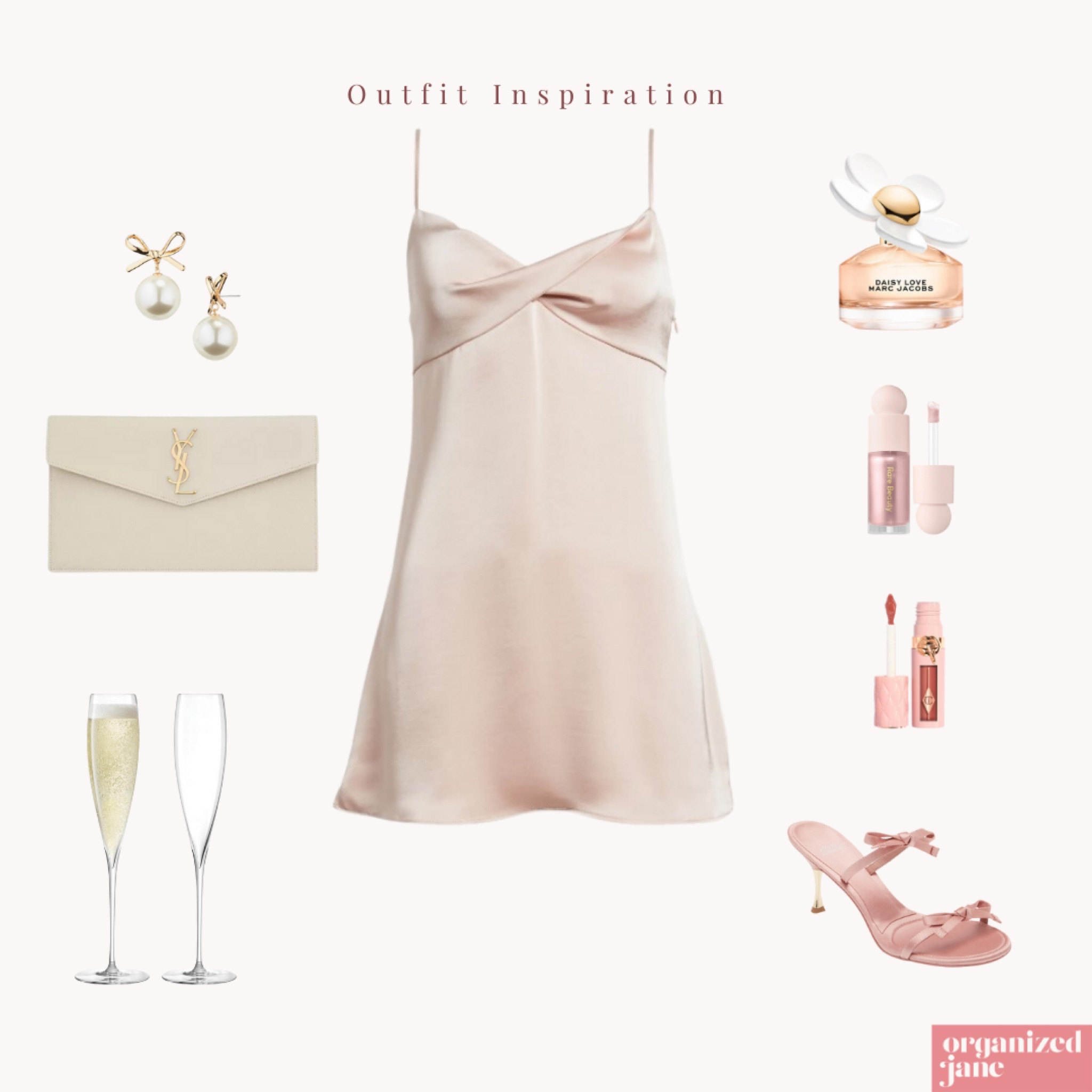 Elevate your evening with the perfect blush outfit! ✨ Soft pink satin paired with pearls and bubbly vibes sets a romantic, dreamy mood. Complement with a light floral fragrance and a soft pink lip for effortless elegance. 💖🍾 #BlushStyle #ElegantOutfit #OOTD #OrganizedJane