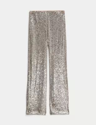 Sequin Elasticated Waist Wide Leg Trousers | M&S Collection | M&S | Marks & Spencer IE