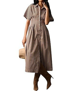 Striped Button Pleated Shirt Maxi Dress for Women Summer Short Sleeve Collar V Neck Corset Long D... | Amazon (US)