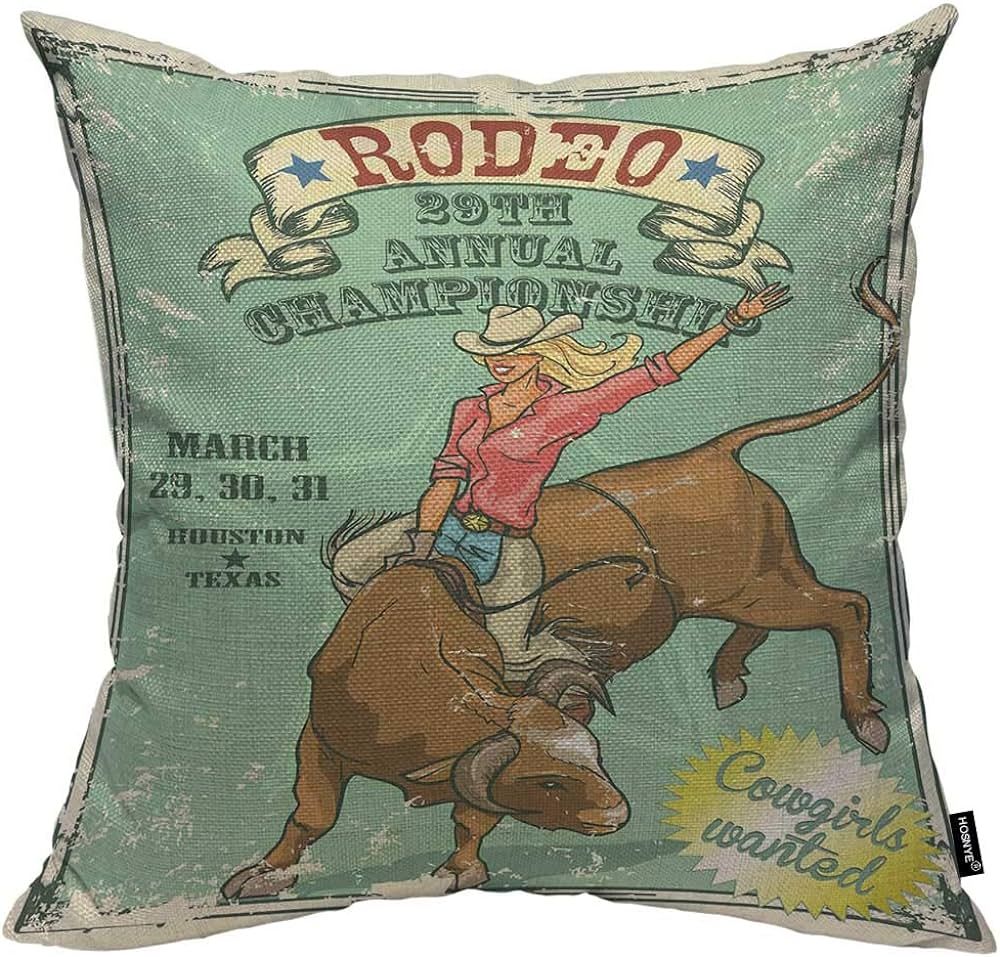 HOSNYE Rodeo Cowgirl Throw Pillow Case Cushion Covers Riding A Bull Cotton Linen for Couch Bed So... | Amazon (US)