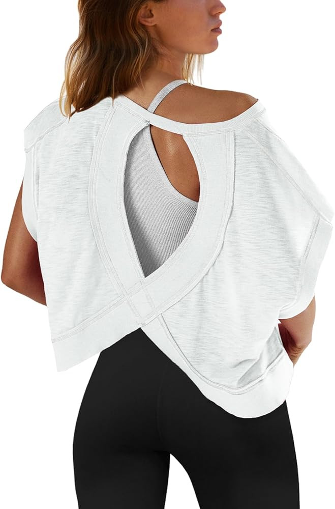 SENSERISE Womens Open Back Workout Tops Backless Short Sleeve Athletic Shirt Running Crop Top Gym... | Amazon (US)